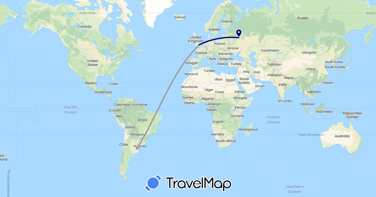 TravelMap itinerary: driving, plane in Argentina, United Kingdom, Russia (Europe, South America)